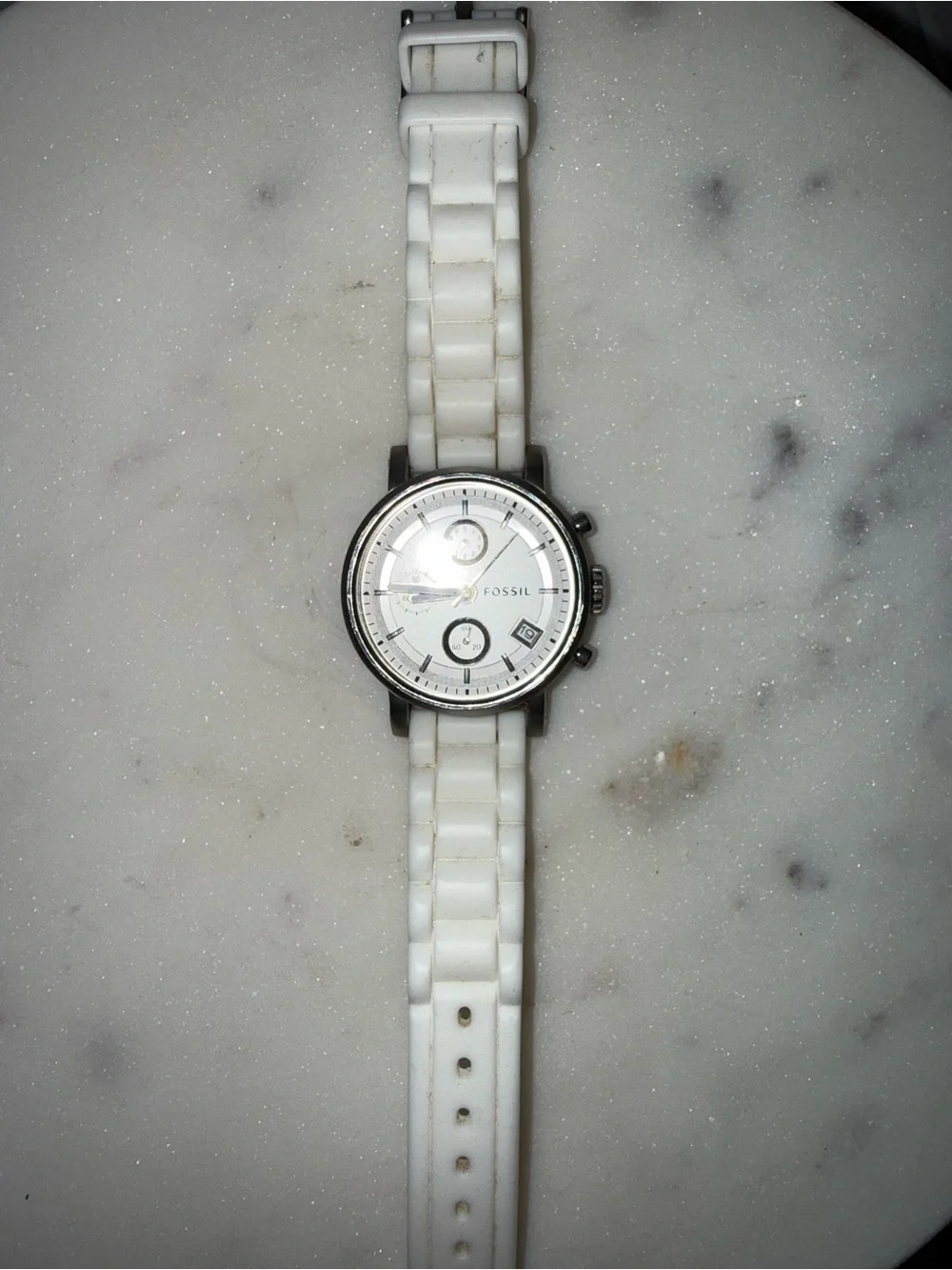 Fossil Silver Dial and White Silicone Strap Chronograph Watch